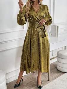 Women's Evening Dress, Elegant Formal Long Gown with Bow Tie Waist, Bubble Sleeves, Perfect for Parties & valentine's day outfit，valentine gifts