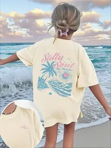 Salty Soul Coconut Tree Beach Print Short Sleeve T-Shirt, American Vintage Casual Top, Loose-Fitting Letter Pattern, Women, Womenswear, Summer