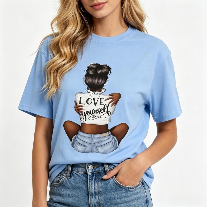 Women's Pure Cotton Breathable Light Crew Neck Graphic Tee - Light Blue Oversized Short Sleeve Top, Black Girl Self-Love Body Positive Print, Casual Trendy Aesthetic Streetwear Summer Outfit