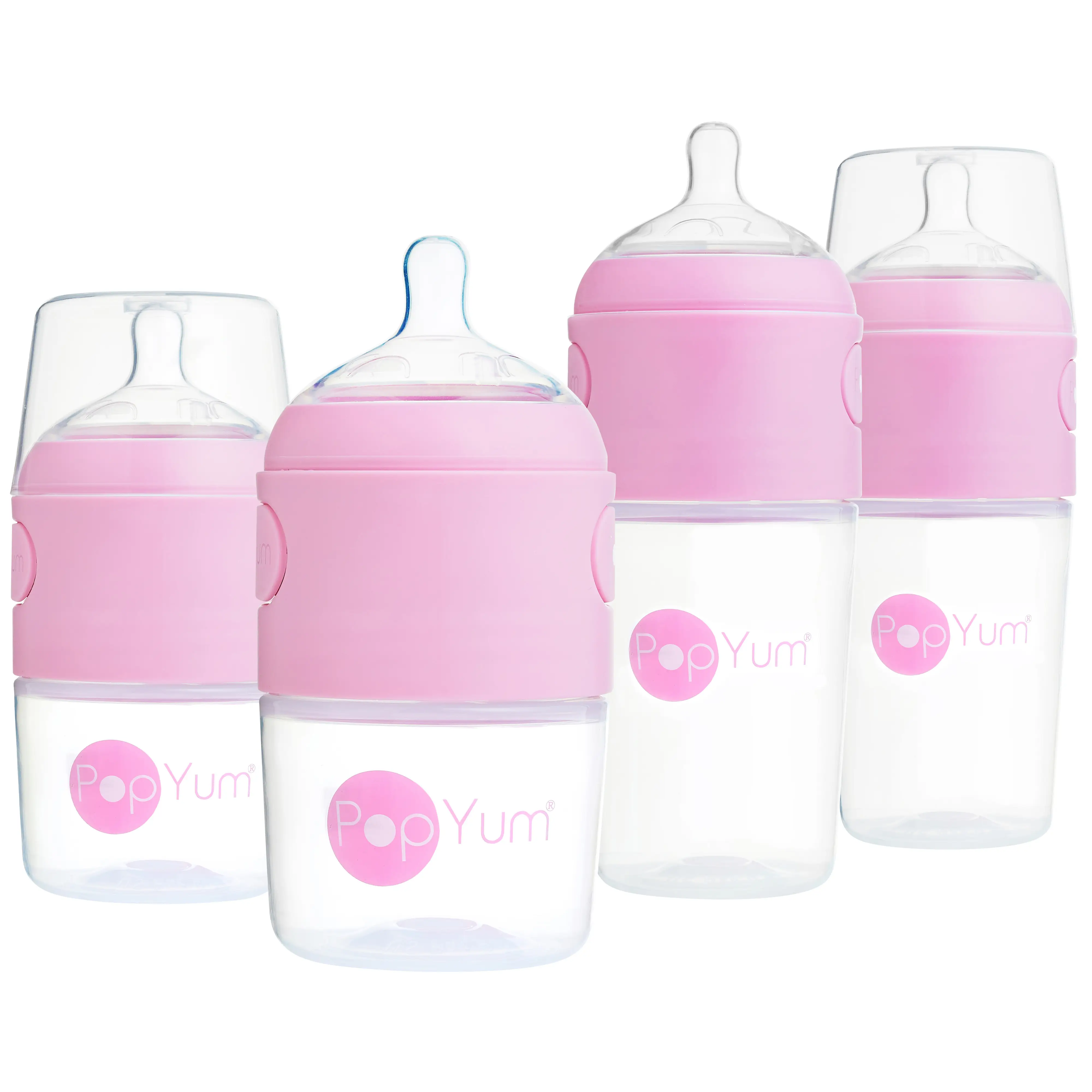 PopYum Pink Formula Making Baby Bottle Starter Set, 4-Pack, 2x 5oz Bottles with #1 Slow Flow Nipples + 2x 9oz Bottles with #2 Medium Flow Nipples
