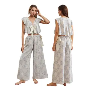 Women's 2 Piece Floral Print Pajamas Set Tie Front Fly Sleeves Top Elastic Waist Pants Soft Loungewear Sleepwear Easter Day