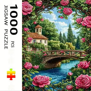 1000 Piece Rose House Theme Puzzle, Large Adult Family Interactive Toy, DIY Home Decor Brain Challenge, Holiday Scene, Mixed Colors