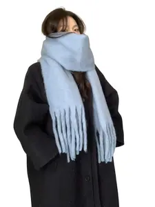 Winter Warm Knitted Solid Color Scarf with Thick Fringes for Women warm scarf