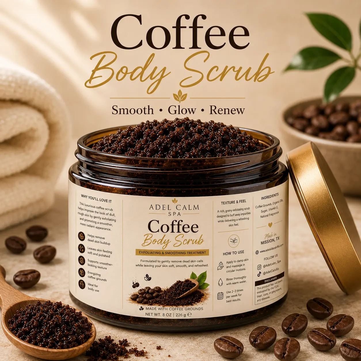 Adel Calm Coffee Body Scrub – Exfoliating & Smoothing Treatment 8oz