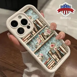 Soft Phone Case for iPhone 16 15 14 Pro Max 13 12 11 XR XS Plus E Old Flower Bookshelf Pattern TPU Bumper Camera Lens Protection Rugged Durable Phone Cover