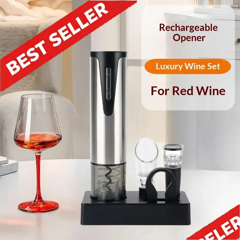Automatic Electric Wine Opener Stainless Steel - USB Rechargeable Cordless Wine Corkscrew Remover - Portable Professional Wine Accessory for Parties & Events - Easy One-Hand Operation