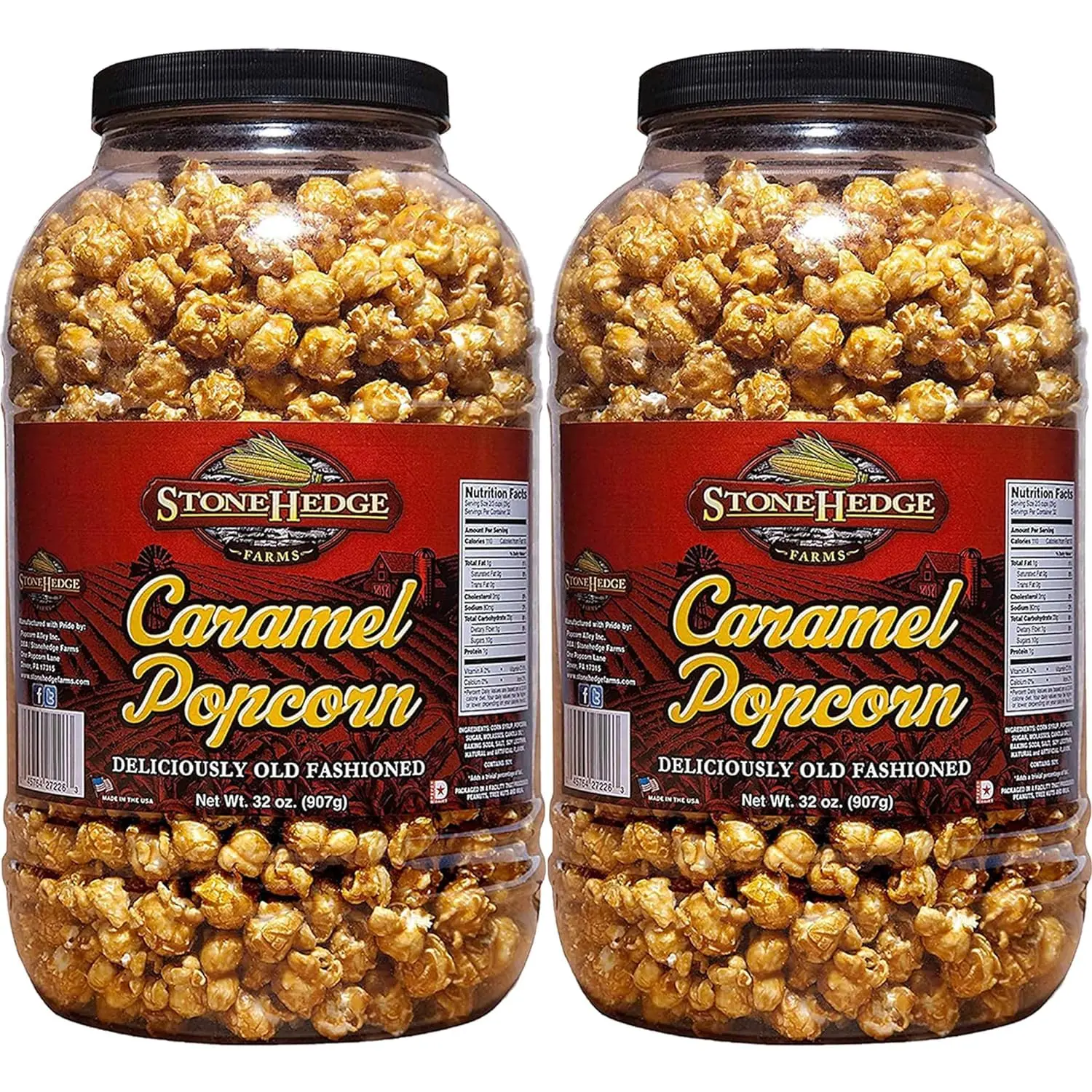 Stonehedge Farms Caramel Flavored Popcorn, 32 oz Tub 2-Pack, Gourmet Sweet Caramel Popcorn in Reclosable Containers, Party Snacks & Holiday Treats