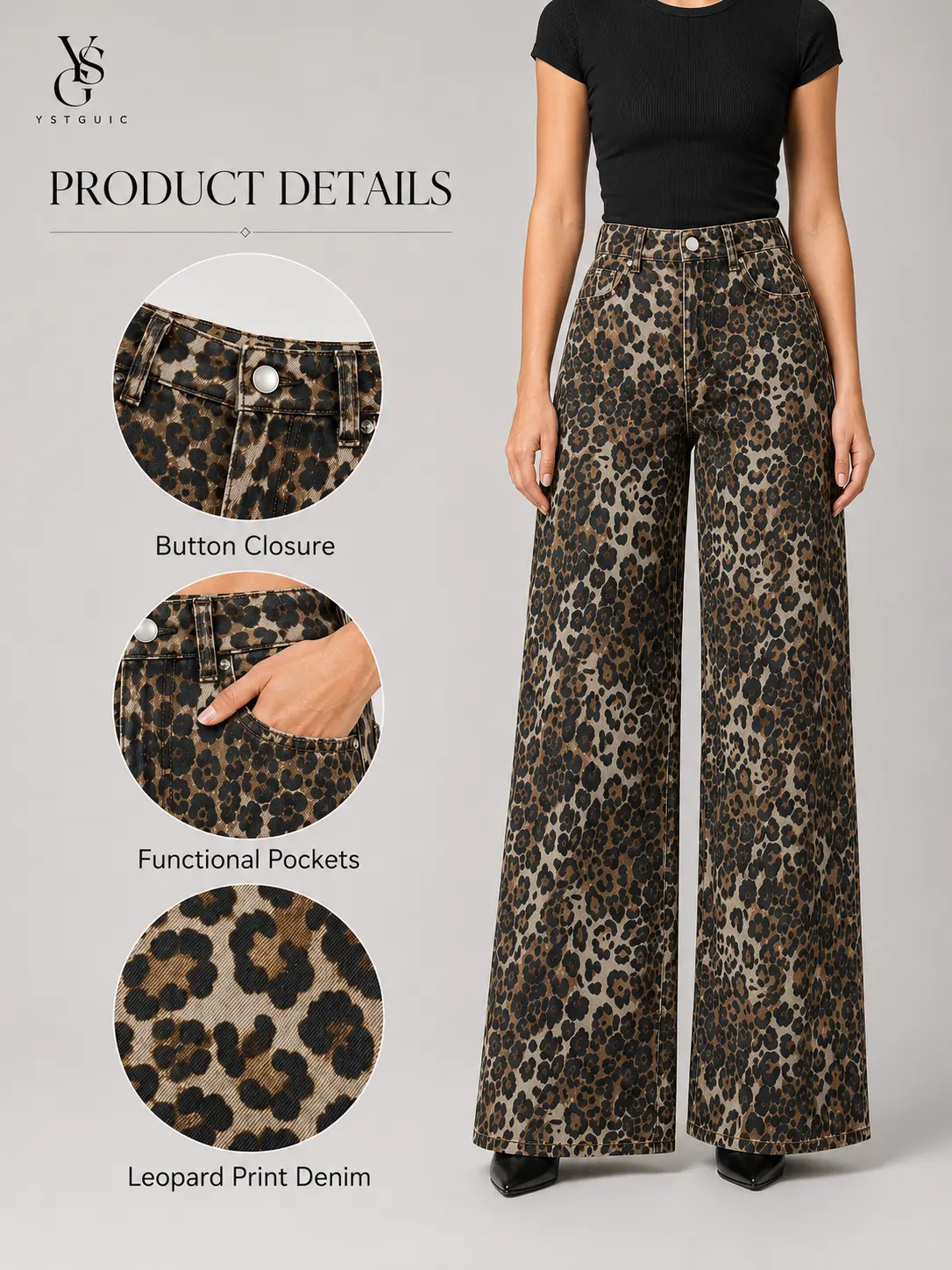 Women's High Waisted Leopard Print Wide Leg Jeans, Vintage Statement Denim Pants with 5-Pocket Design, Full Length Casual Streetwear Trousers