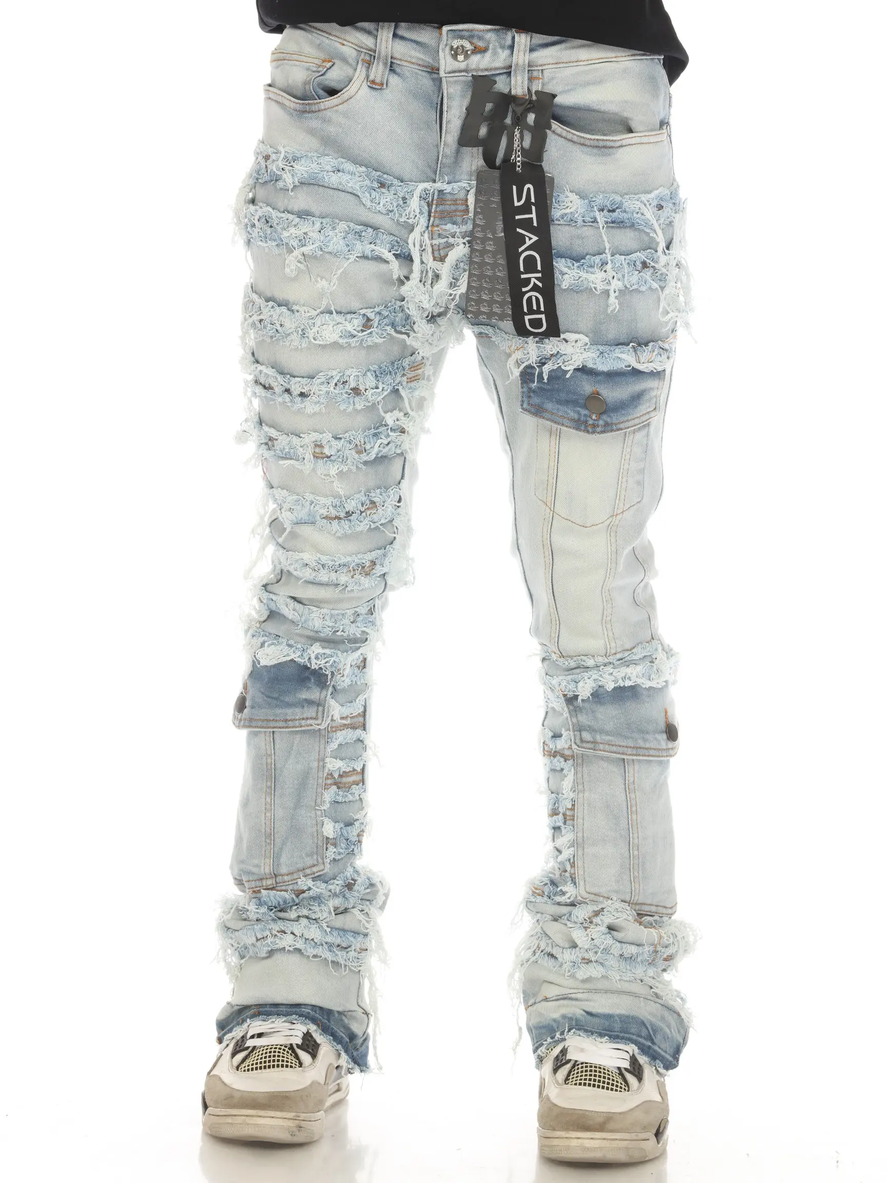 Stylo Light Blue Mens 3 Pocket Premium Distressed Stacked Jeans Streetwear Pants