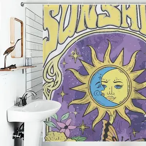 Retro Boho Sun Moon Sunshine Shower Curtain, 70s Hippie Celestial Waterproof Bath Curtain, Mystical Astrology Bathroom Decor, Boho Spiritual Bath Accessory with Hooks