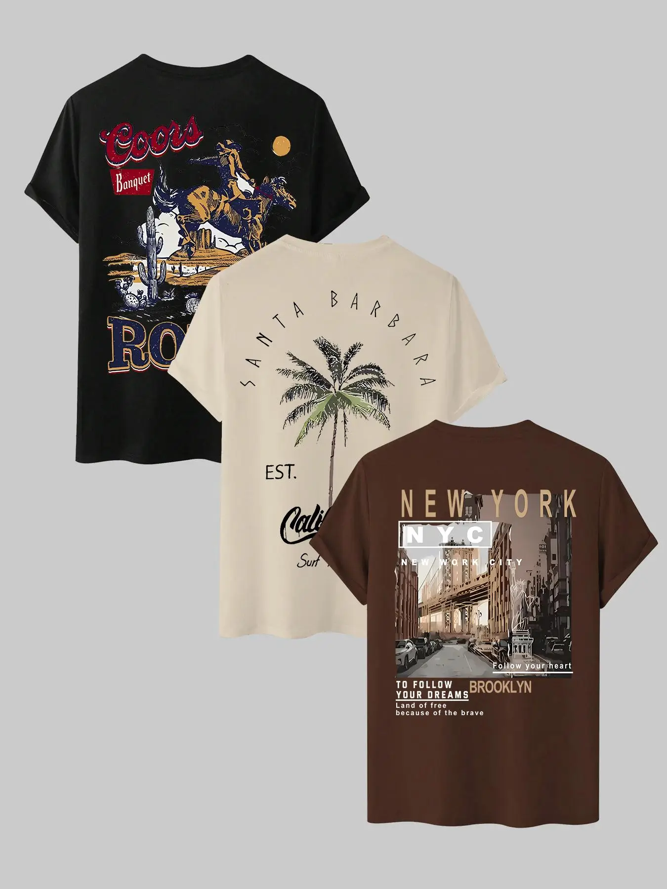 Men's Letter & Palm Tree Print Drop Shoulder Tee, Street Fashion Printed Shirts, Casual Regular Fit Round Neck Half Sleeve T-shirt for Daily Wear, Gra