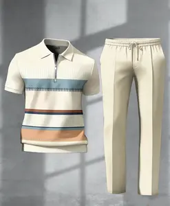 Men’s two-piece striped Polo shirt set featuring casual striped prints, regular fit, suitable for vacations and street fashion apparel.