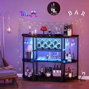 Wine Bottle Rack Table with Charging Station LED, Home Bar Cabinet Adjustable Wine Rack, Liquor Cabinet Table with Glasses Holder, Wood Coffee Bar Table, FreeStanding Sideboard & Buffet Cabinet