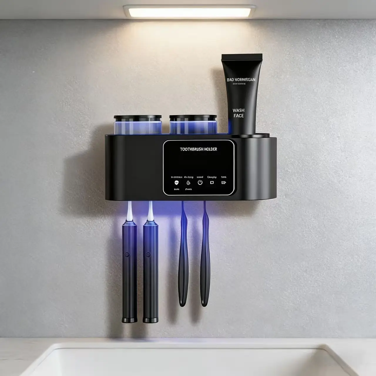 Wall Mounted Toothbrush Holder with 2 Cups Smart Sterilizer for Effective Cleaning Drying White Toothbrushes Adhesive Tape Sticky Hook Bathroom Accessory