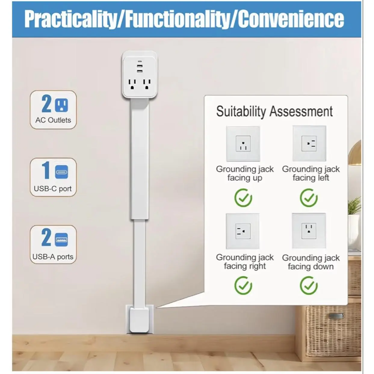 Outlet Extender Stick with USB-C & USB-A, 180° Rotating Power Strip, Extendable Design for Behind Furniture, 2 AC Outlets, 1 USB-C, 2 USB-A Ports