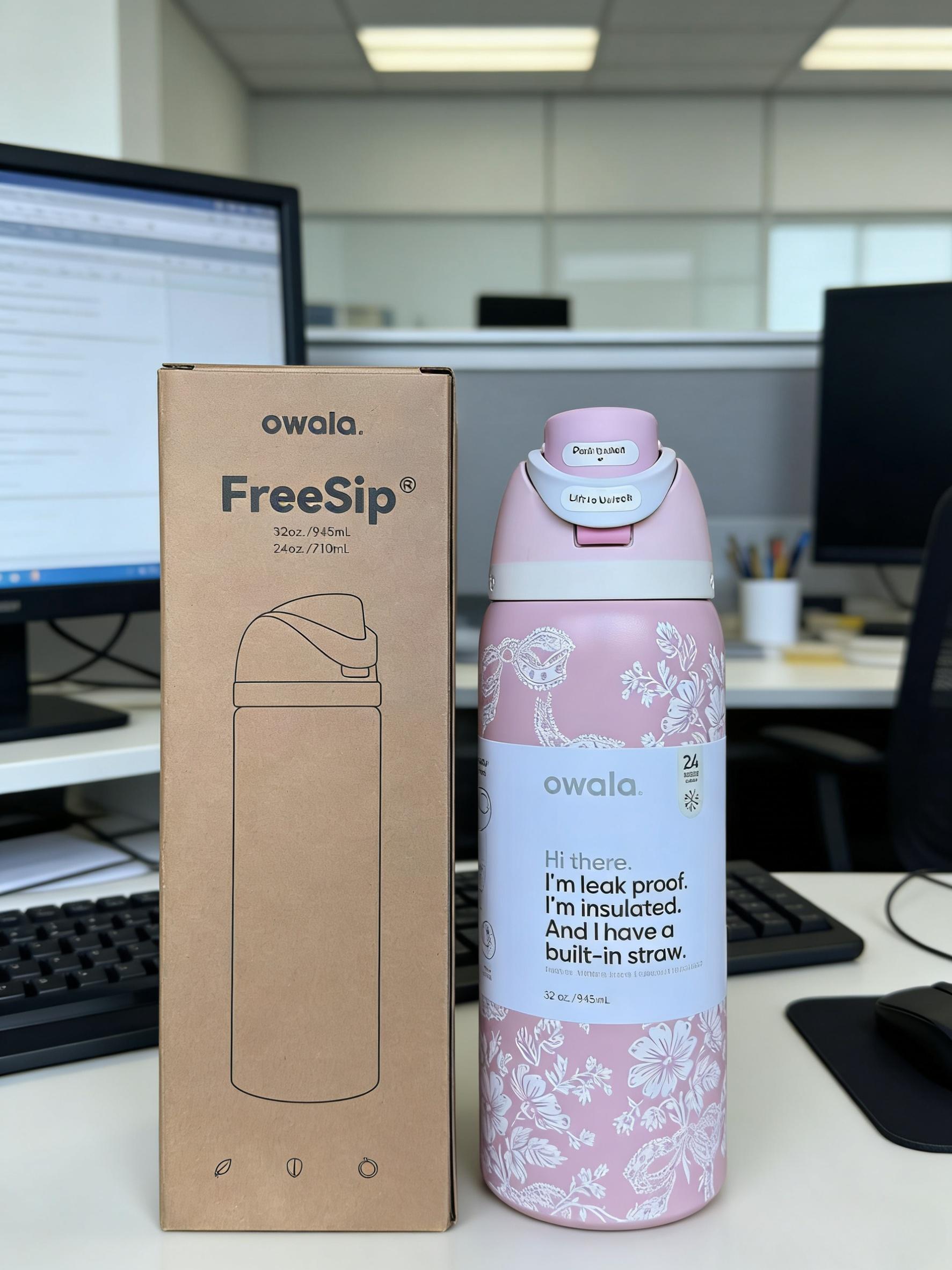 Owala 32oz FreeSip Insulated Water Bottle, Pink Vintage Floral Design, Leakproof Stainless Steel Tumbler with Handle, BPA-Free, Ideal for Everyday Hydration Drinkware Flasks Mug Bottled Portable toddler purple poinsettia black cherry can new Glow in Dark