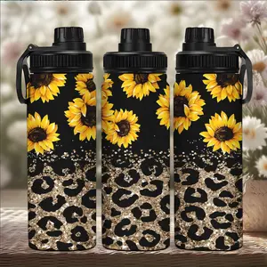 20oz Stainless Steel Travel Mug with Sunflower Sequins Leopard Print Design, Double Wall Vacuum Insulated Cup for Hot & Cold Drinks