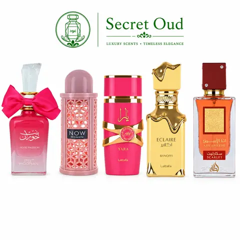 Bint Hooran Rose Passion + Now Women + Yara Candy + Eclaire Banoffi + Ana Abiyedh Scarlet