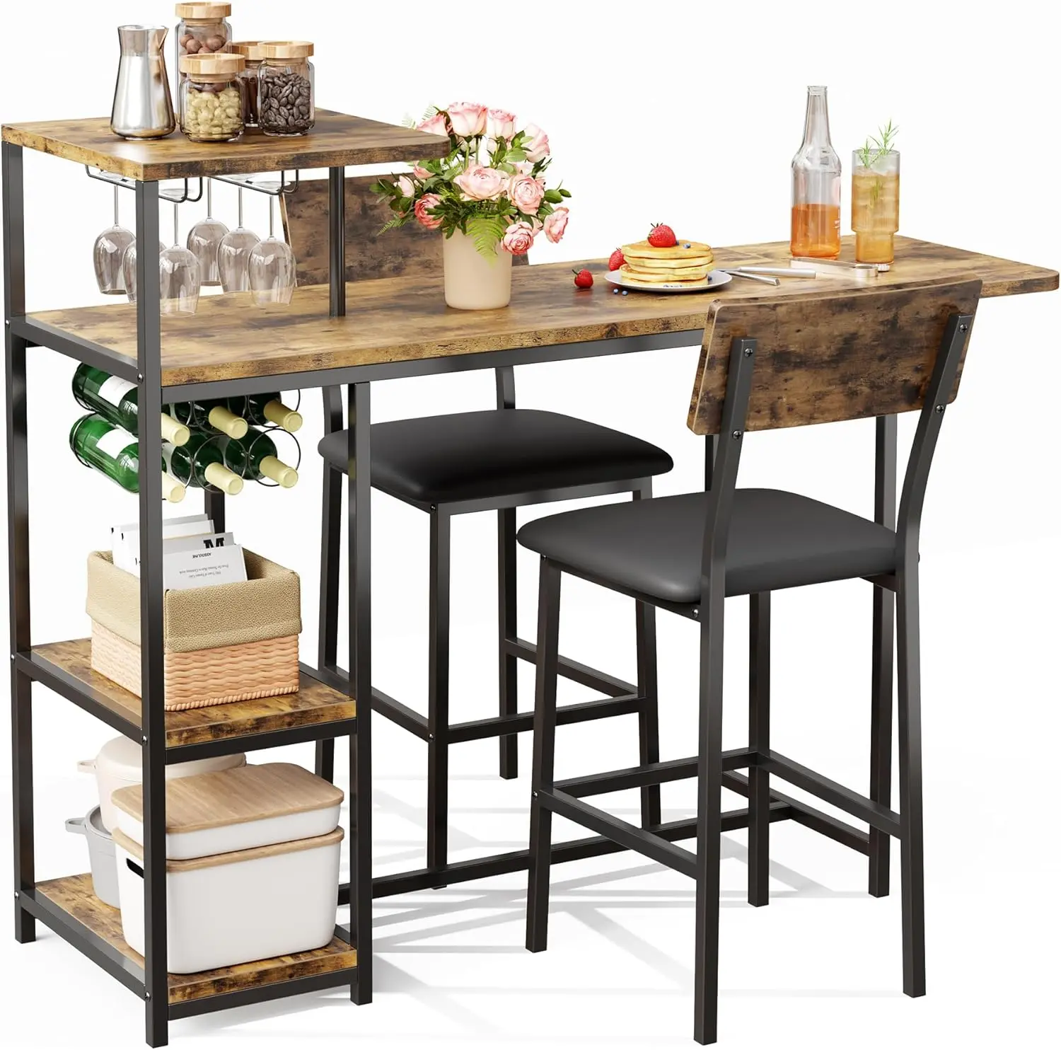 Gaomon 3-Piece Expandable Dual-Purpose Dining Table Set for 2 - Small Indoor Furniture with Storage Shelves, Wine Rack for Living Room, Apartment, 3-Piece Dining Tables, Dual-Purpose Dining Tables