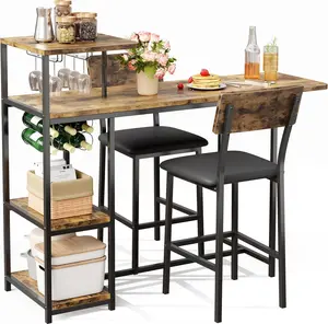 Dining Table Set for 2 3-Piece Expandable Bar Table and Chairs Set with Storage Shelves and Wine Rack Small Kitchen Dining Set for Living Room Apartment-A
