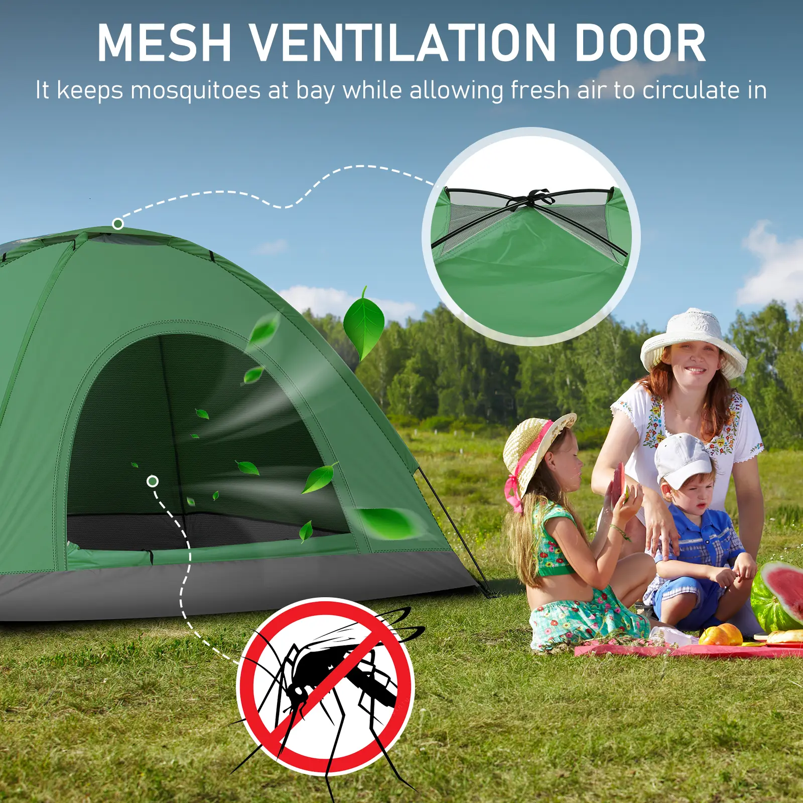 Breathable Waterproof Sun-Shaded Adventure Bug-Proof Dome Tent - 3-4 Person Army Green Portable Manual Setup Camping Shelter, Silver-Coated UV-Protection Fabric, Fiberglass Poles, Windproof, 200Lx200Wx135H cm, for Family Hiking Tents Camping, Breathable W