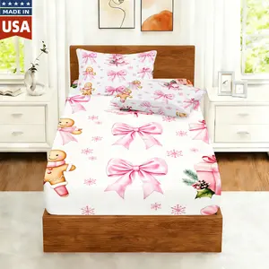 Merry Christmas Kids Twin Size Fitted Sheet,Bowknot Gingerbread Man Xmas Tree Boys Girls Bed Sheets,Poinsettia Snowflake Winter Room Decor,Pink White Bedding Set,1 Pillowcase(No Flat)