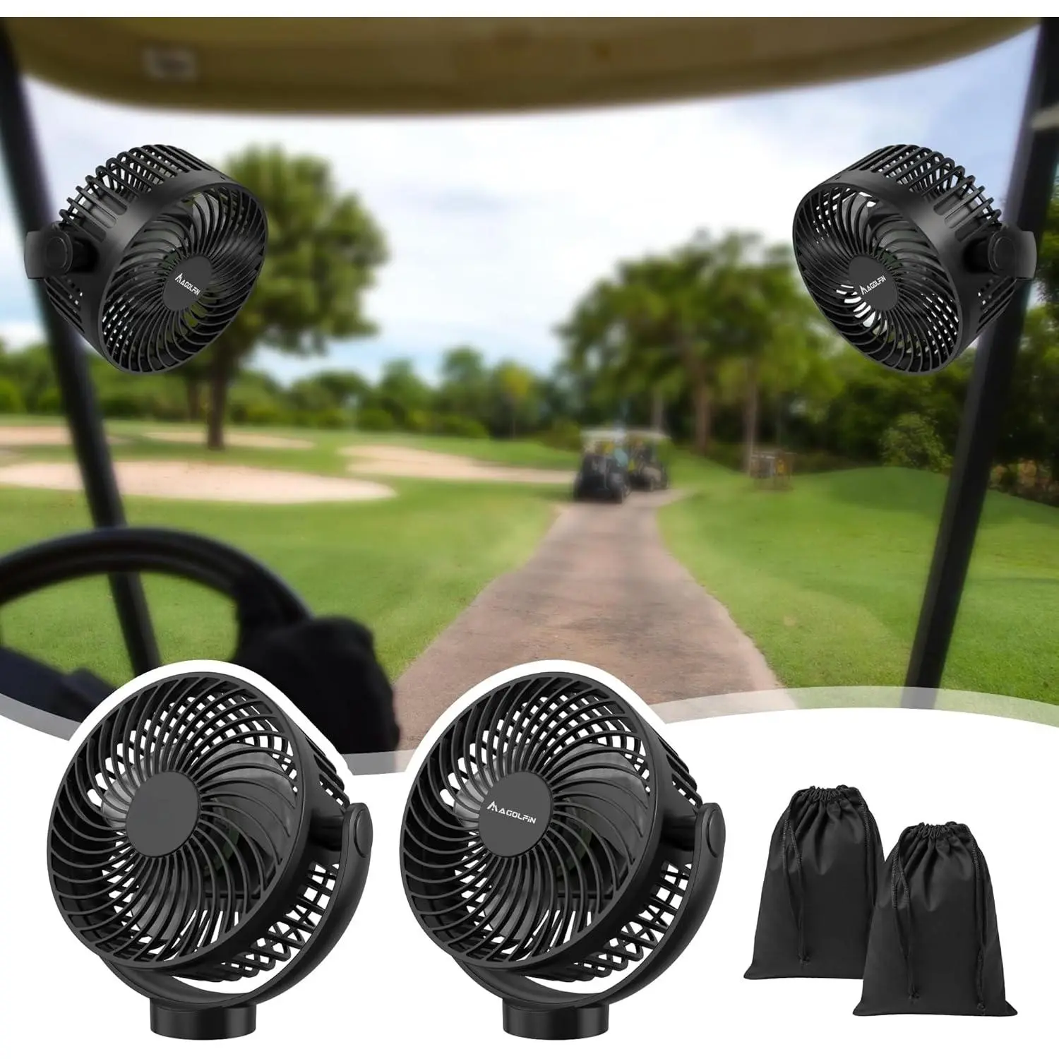 2-Pack Magnetic Golf Cart Fan – Rechargeable 12000mAh Outdoor Travel Fan, 3 Speeds, LED Lantern, Magnetic Base, Portable Adjustable, Fits EZGO, Club Car, Yamaha, Cruise Ship, Portable Adjustable Fan