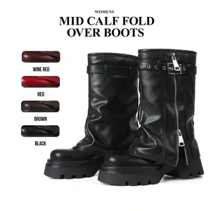 CYNLLIO Womens Mid Calf Boots Rouned Toe Platform Chunky Heels Fold Over Fashionable Side Zipper Metalic Belt Buckle Comfy Outdoor Clubbing Event Office Casual Spring Biker Combat Boot