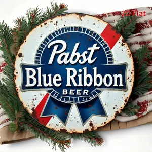 1pc 2D Retro Pabst Blue Ribbon Beer Metal Tin Sign, Decorative Sign - Round Nostalgic Bar Wall Decoration with Faded Blue and Red Logo, Suitable for Men's Cave, Kitchen - Simple Hook Installation, Enhances Room Atmosphere