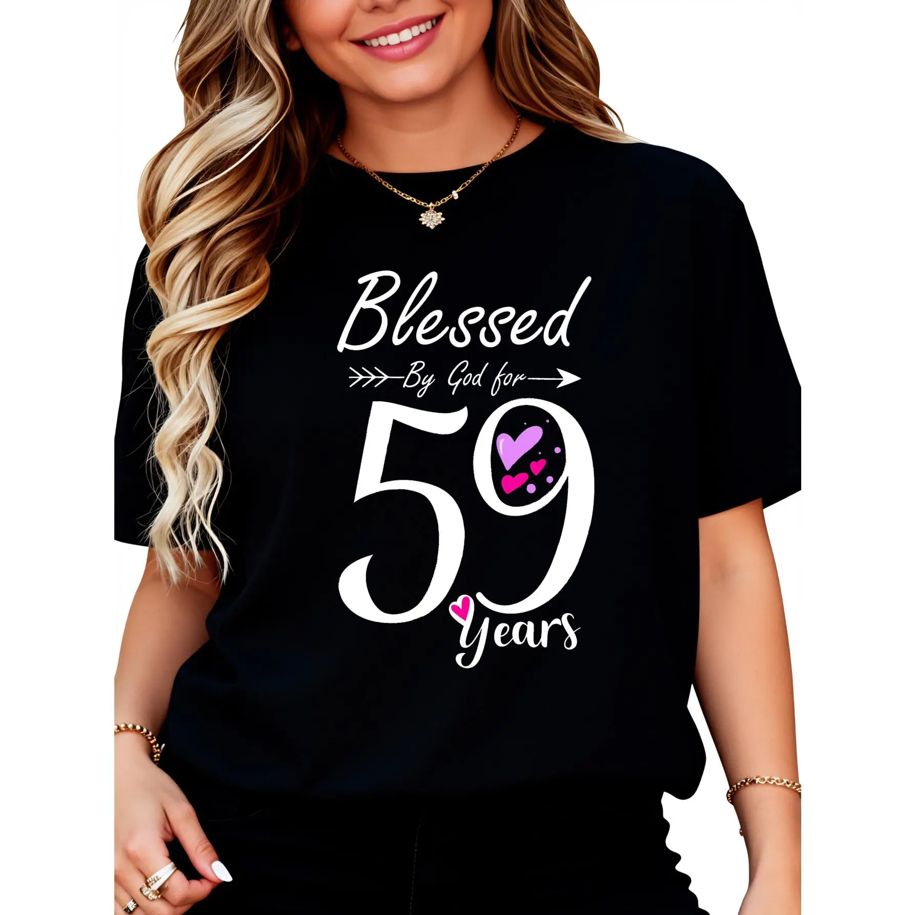 100% Cotton Unisex 59th Birthday Tee Gift and Blessed for 59 Years Birthday Round Neck Short Sleeve T-Shirt Women's Men Graphic Tee