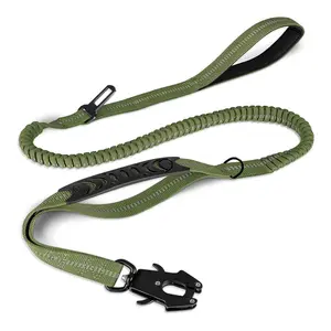Tactical Heavy Duty Dog Leash,4-6FT Strong Bungee Dog Leashes with Frog Clip & Car Seatbelt，Reflective Walking Lead with 2 Handles for Medium Large Dogs,Green,Orange,Purple,Durable Material