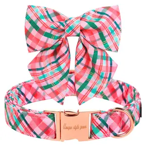 Unique style paws Dog Collar with 3 Tie Pink & Green Plaid Dog Collar Best Gifts for Small Medium Large Dogs