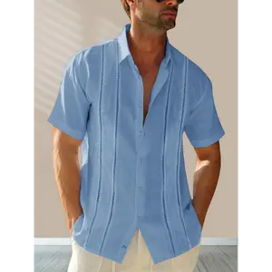 Mens Short Sleeve Guayabera Shirts Linen Cotton Button Mexican Embroidered Cuban Wedding Shirt Summer Tops  Formal Beige Collar Menswear Stretch Fabric Tropical Plain Aesthetic Elegant clothes  men shirts