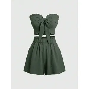 2pcs/Set Solid Color Cropped Tube Top & Slim Fit Shorts