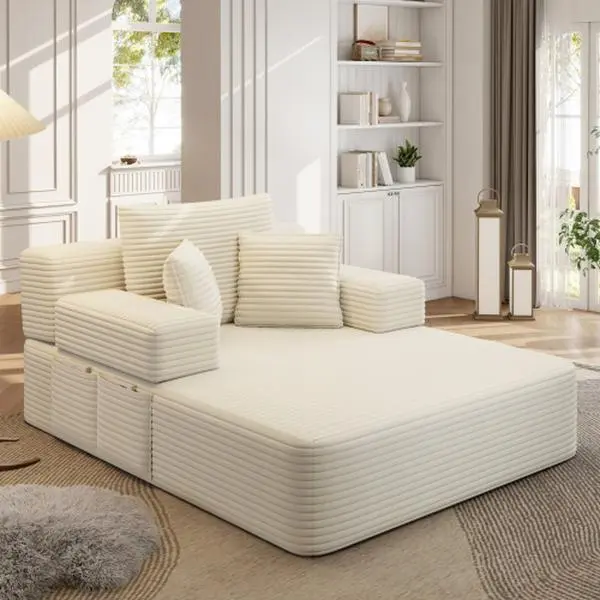 Convertible Sleeper Sofa Bed, Oversized Corduroy Lounge Couch with Spring Foam Cushion, No Assembly Sofa Bed with Storage Pocket for Living Room, Apartment