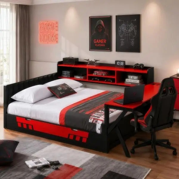 【Bellemave】Twin/Full Size Gaming Bed Frame with Desk and Storage Shelves, LED Lights & Charging Station, Bookcase, Space-Saving Bed Frame for Kids Teens Adults, Modern Gaming Bedroom Furniture, Black Red