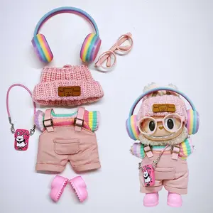 Dolls Adorable 6-Piece Pink Fashion Outfit Set,for dolls– Stylish Rainbow Top + Denim Overalls + Cozy Knit Hat + Cute Shoes + Chic Headphones + Trendy Glasses