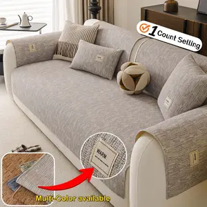 Non-Slip Chenille Sofa Cover, Breathable Linen-Like Couch Protector Pad, Soft Warm Furniture Slipcover with Label Detail, Pet-Friendly Washable Sofa Mat, Multi-Color Available for 1/2/3/4 Seater Sofa, Minimalist Living Room Decor.