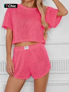 2-Piece Summer Pajama Set, Casual Loose-Fit, Breathable Knitted Top, Side Slits Shorts, Home Beach Resort Wear, All Seasons