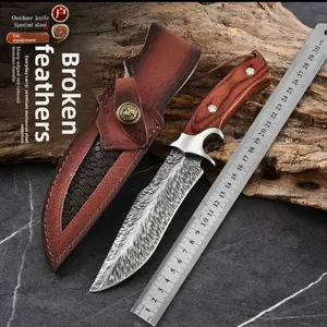 TikTok Selected Knives Damascus Steel Folding Knife Multifunctional Fruit Knife with Leather Sheath Wooden Handle Outdoor Camping EDC Tool Perfect for Travel Everyday Carry and Gifting