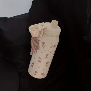 1pc Pink Tulip Heart Shape Stainless Steel Insulated Water Bottle - Double Wall Vacuum Thermal Beverage Cup for Hot and Cold Drinks, 20.29oz/27.05oz/33.81oz Size, Great for Travel, Gym, Outdoor Activities and Gifts