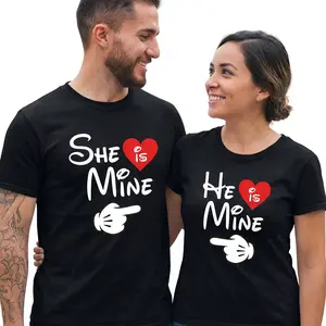 [Couple Style] Matching Couple T-shirts - "He's mine, she's mine" Valentine's Day gift, comfortable and loose T-shirts, unisex casual spring/autumn sportswear, black with red heart pattern, Valentine's Day shirt.