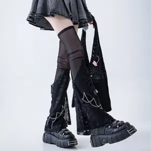 Y2K Edgy Chic Subculture Mid-Calf to Over-Knee Punk Black Skull Mesh Leg Warmers with Slouchy Stacked Design, Slimming Flared Style
