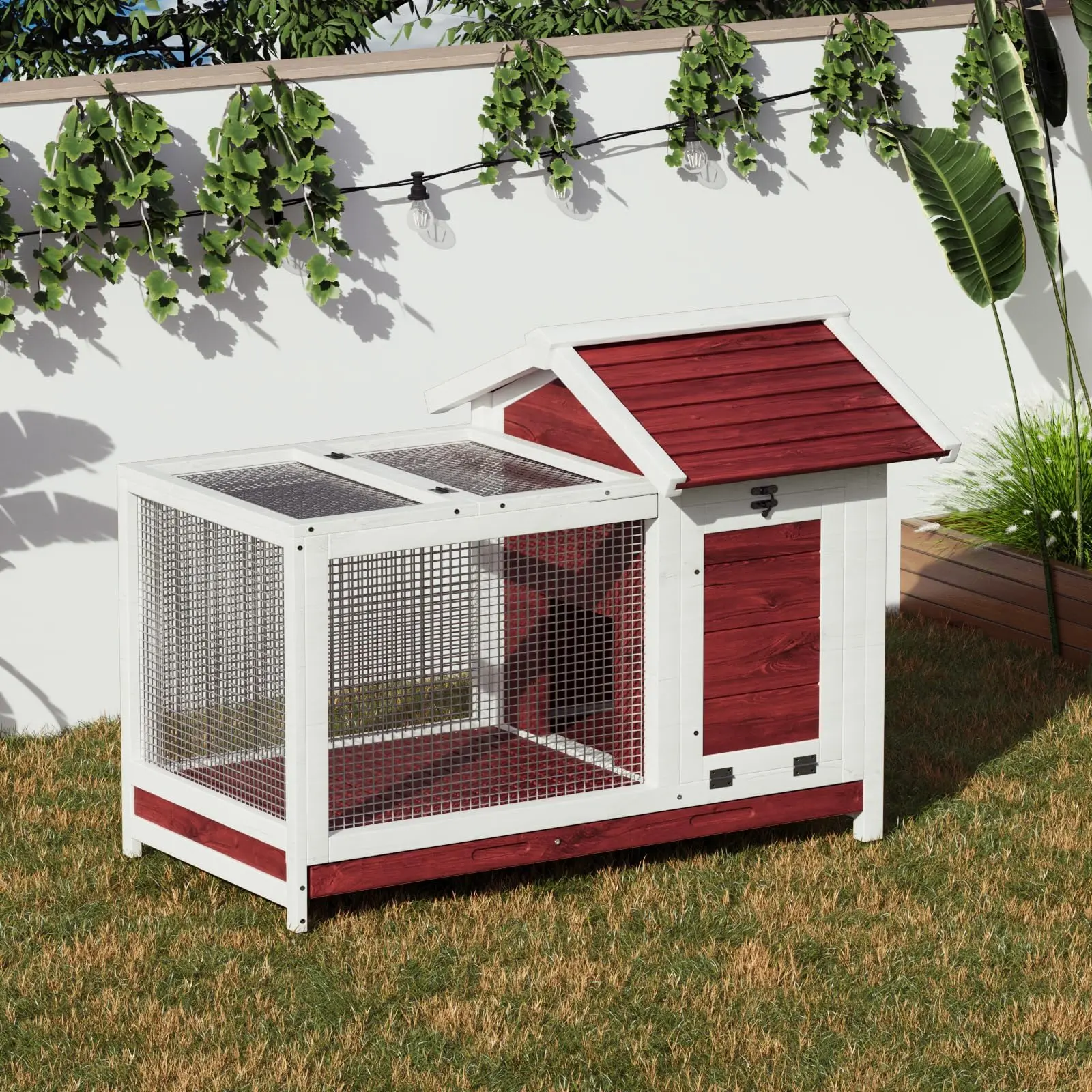 Garvee rabbit cage with wooden frame and metal mesh, pet house with ramp and roof, small animal cage with closed bottom, for terrace and garden, 102x60x72 cm