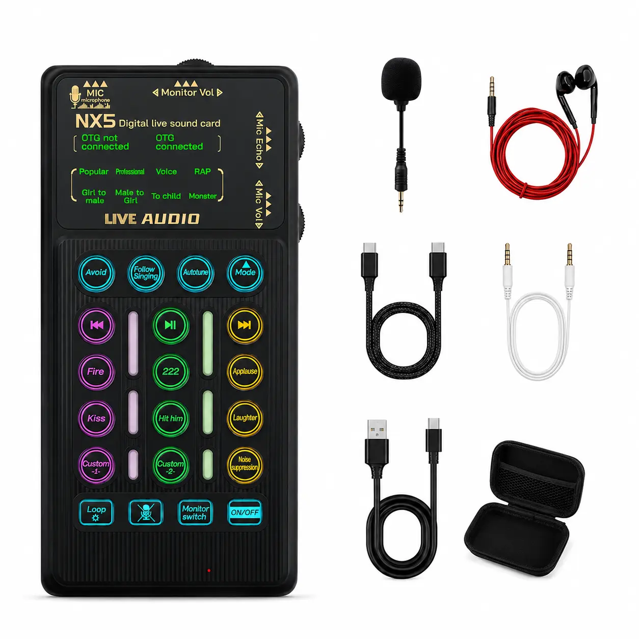 Vividay NX5 Live Sound Card Audio Mixer for Streaming, Karaoke & Recording, DSP Voice Changer with 8 Sound Modes, Noise Reduction, Sound Effects, Custom Sound Pads, In-Ear Monitoring, USB-C OTG & 3.5mm Ports for Phones & PCs.