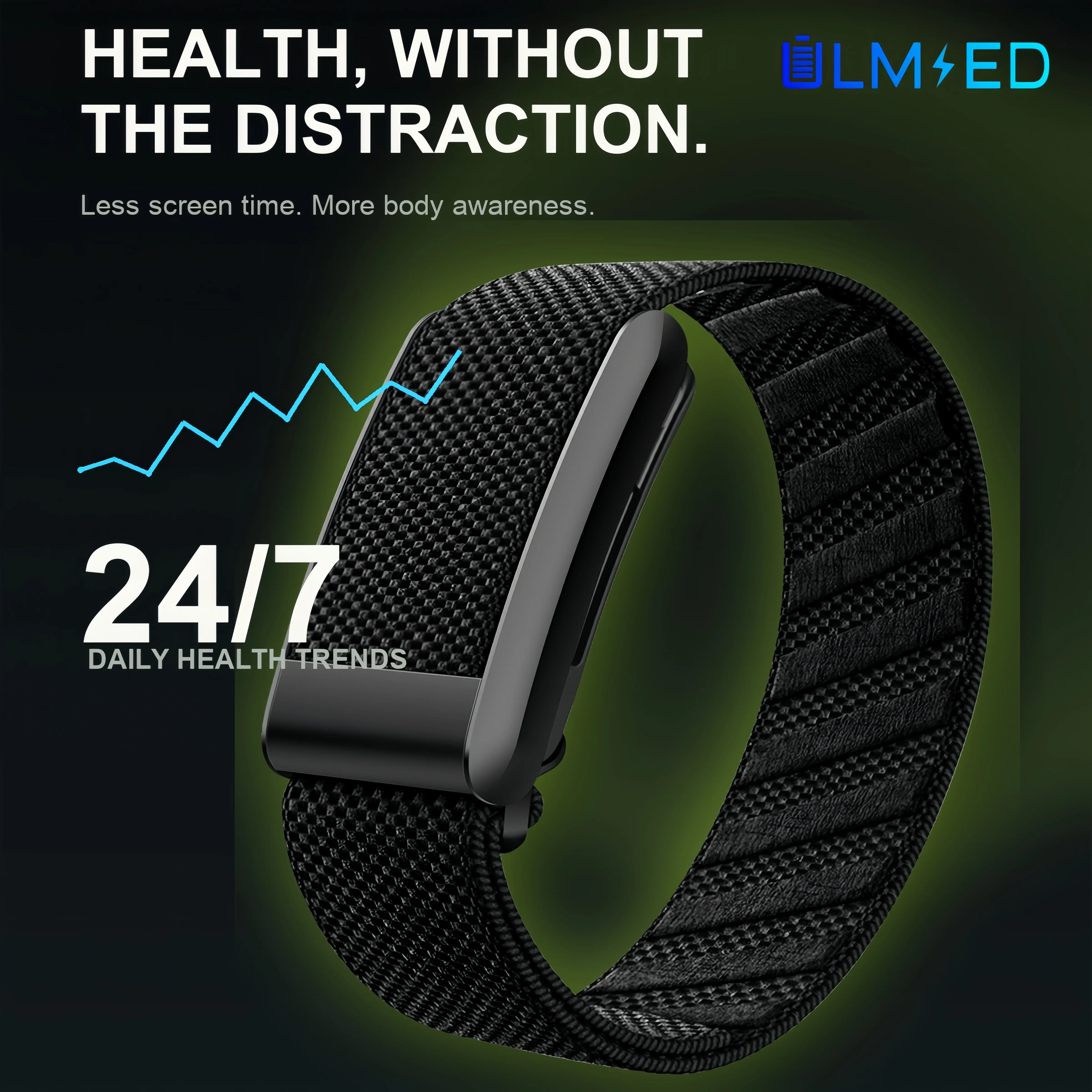 ULMIED 24/7 Screen-Free Wearable Fitness Band - Waterproof Smart Wristband with Sleep Tracking, Heart Rate Monitoring, Calorie & Activity Tracking, 30-Day Battery Life for Workout & Daily Wellness (Black)