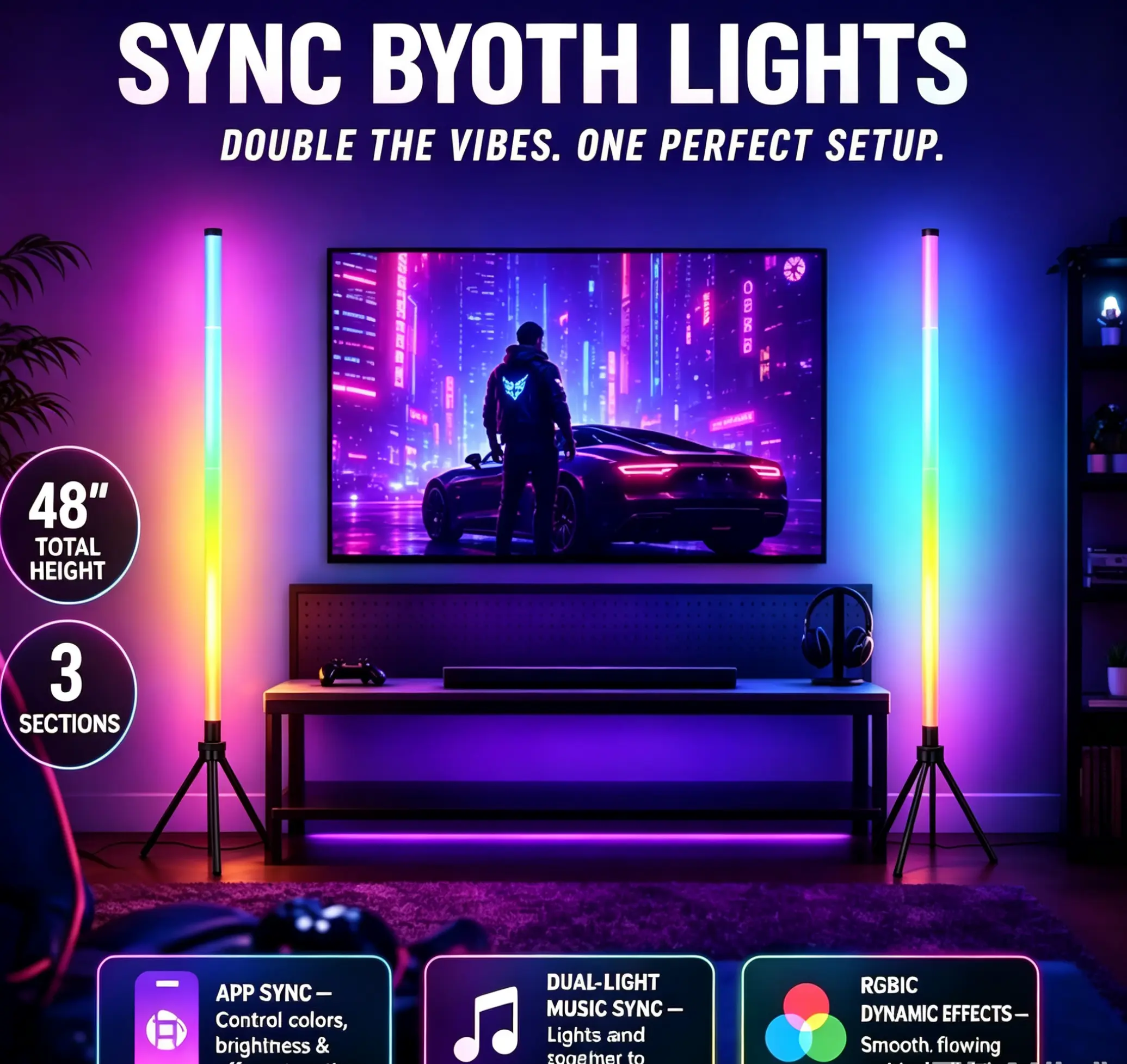 48in RGBIC Corner Floor Lamp - App & Remote Control, Music-Synced, Carbon Fibre Build, Adjustable, Color Changing, Colorful, Customizable LED, Dimmable Mood Light, 16+ Scenarios, 1PCS, Indoor Lighting for Living Room Bedroom, Aesthetic Home Decor,B004