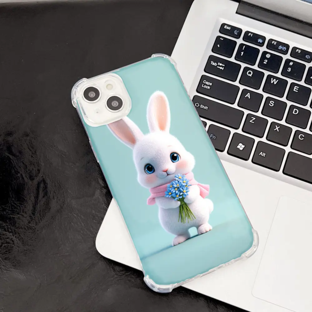 Cute Bunny Phone Case Light Blue Rabbit Holding Flowers Design For Iphone 17 16 Pro Air Cute Bunny Phone Case Light Blue Rabbit Holding Flowers Design For Iphone 17 16 Pro Air