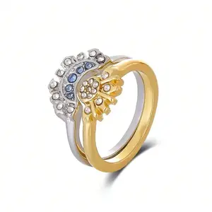 2 Pcs fashionable and simple style couple ring, designed with blue moon and yellow sun, women's layered alloy ring inlaid with crystal, perfect for daily wear and gifts, ideal jewelry for Valentine's Day and all seasons
