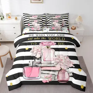 Feelyou 7-Piece Queen Size Comforter Set - Pink Girly Boho Preppy Bedding Set with Black and White Geometric Striped Sheets, Bed-in-a-Bag